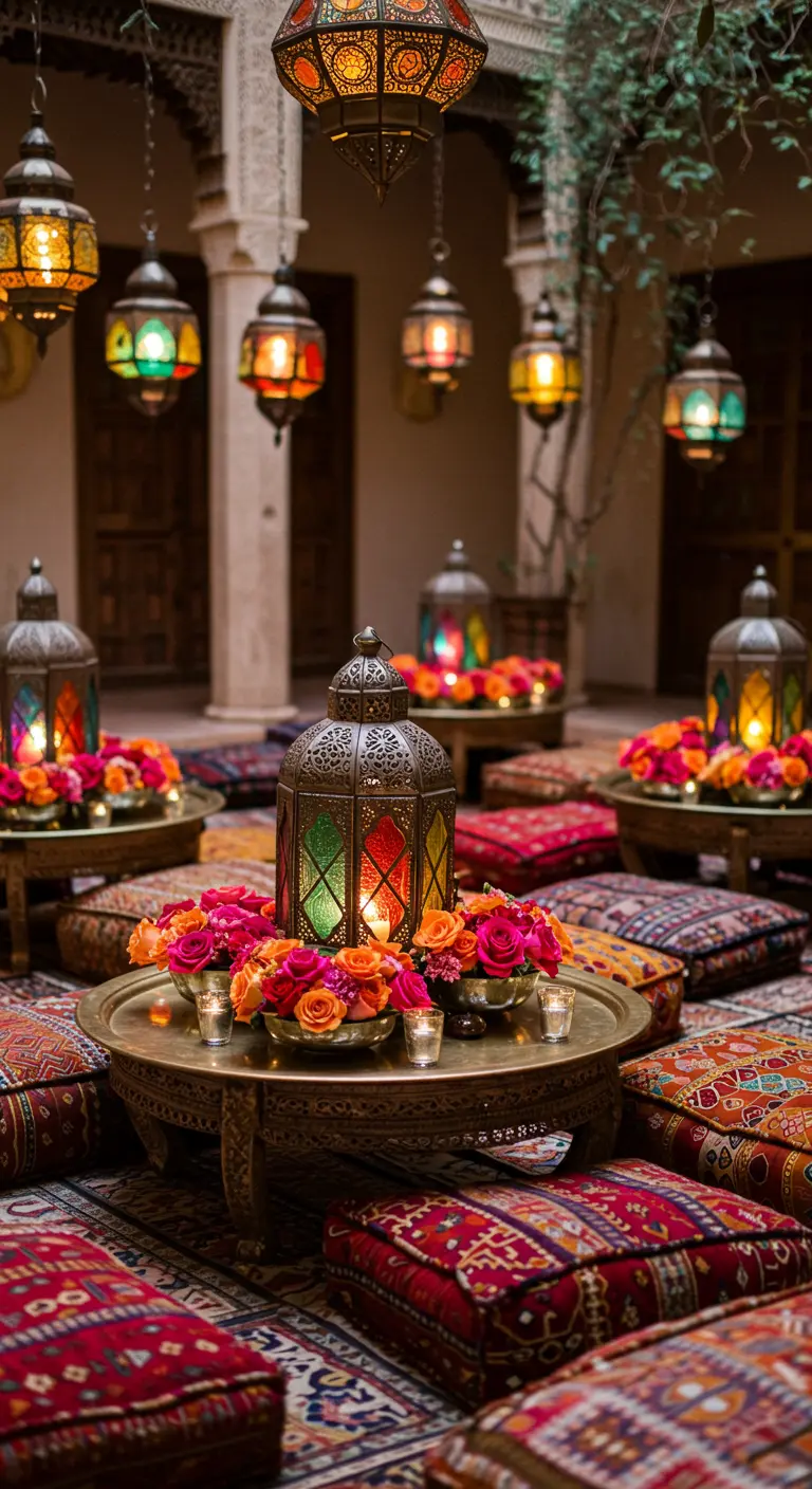 A Moroccan-themed lounge area with floor cushions, low tables, and lanterns surrounded by roses.