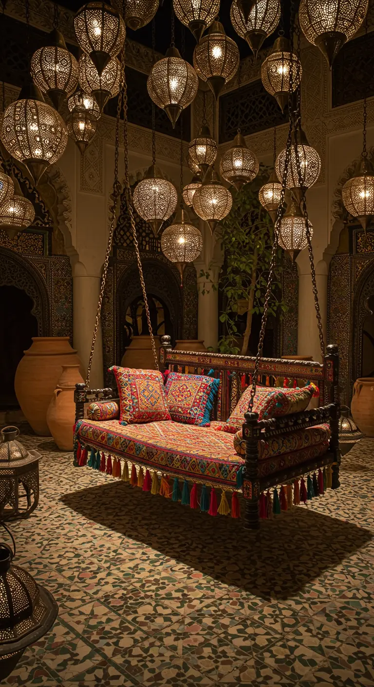 Ornate wooden swing with colorful pillows under a cluster of Moroccan lanterns.