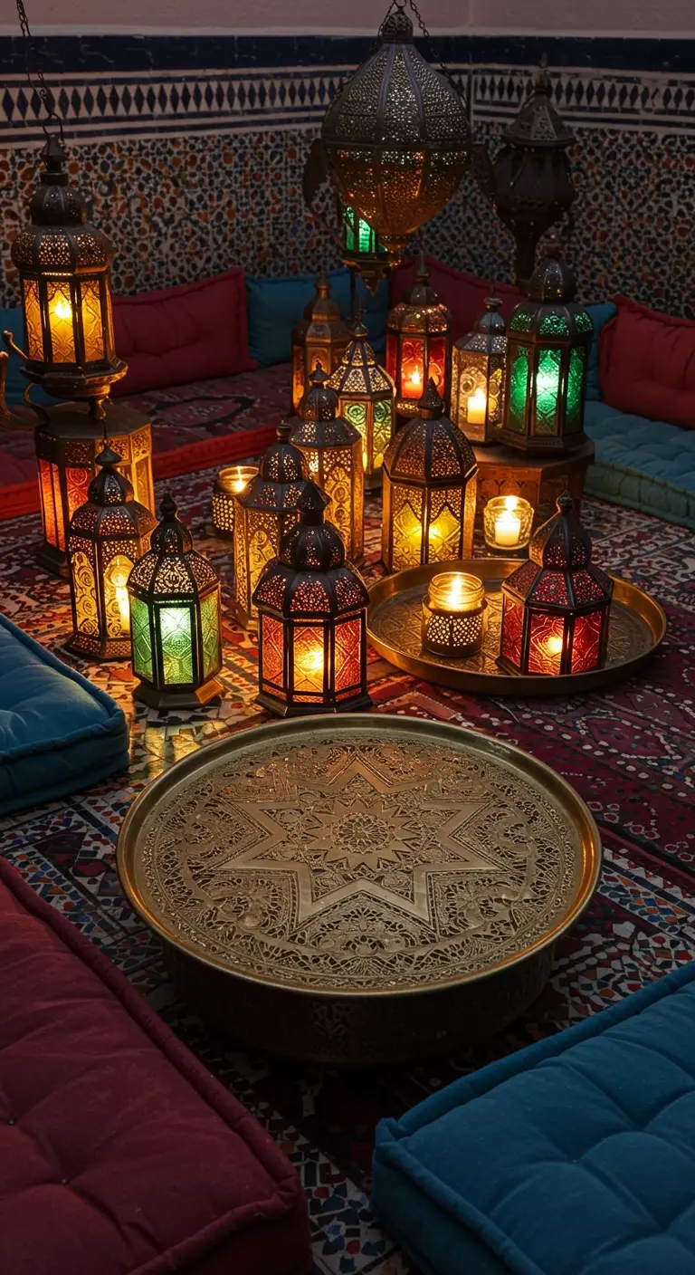 A low Moroccan-style seating area illuminated by a multitude of colorful glass and metal lanterns.