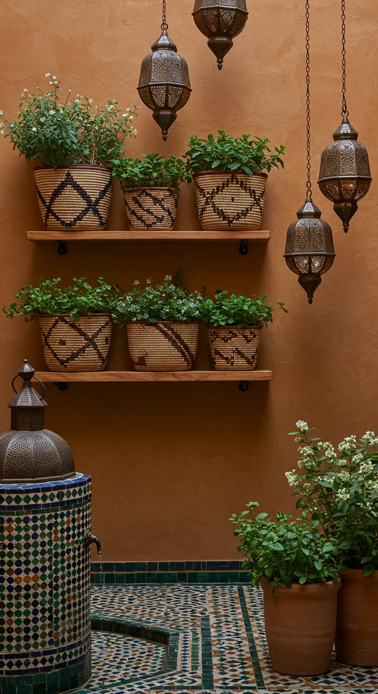 Shelves on a terracotta wall with mint in patterned baskets and hanging Moroccan lanterns.