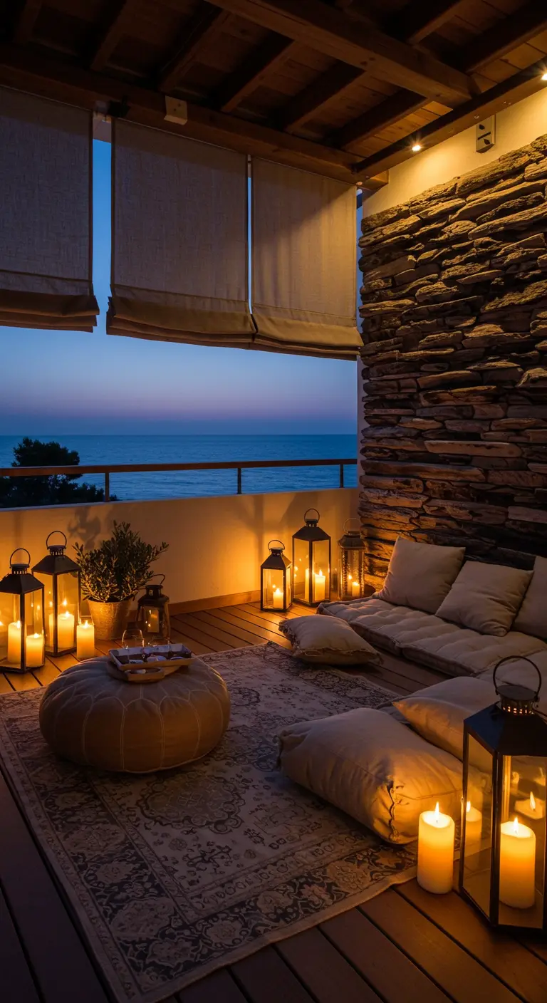 A candlelit terrace at night with floor cushions, a patterned rug, and dozens of lanterns.