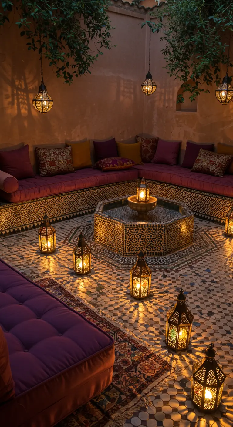 An ornate Moroccan courtyard with purple cushions, a mosaic fountain, and many perforated lanterns.
