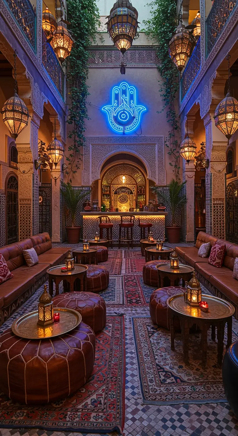 Ornate Moroccan riad courtyard with a blue Hamsa neon sign and many lanterns.