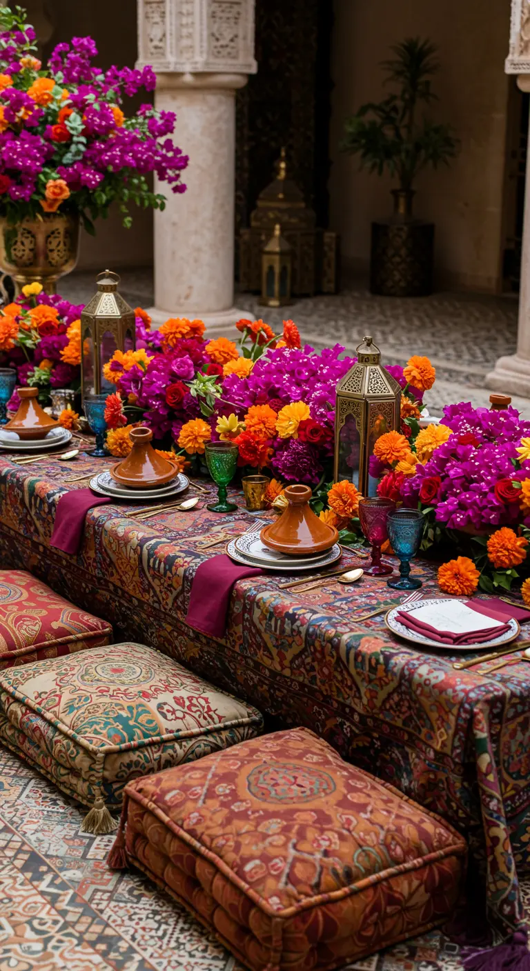 A low Moroccan-style table with vibrant fuchsia and orange flowers, lanterns, and floor cushions.