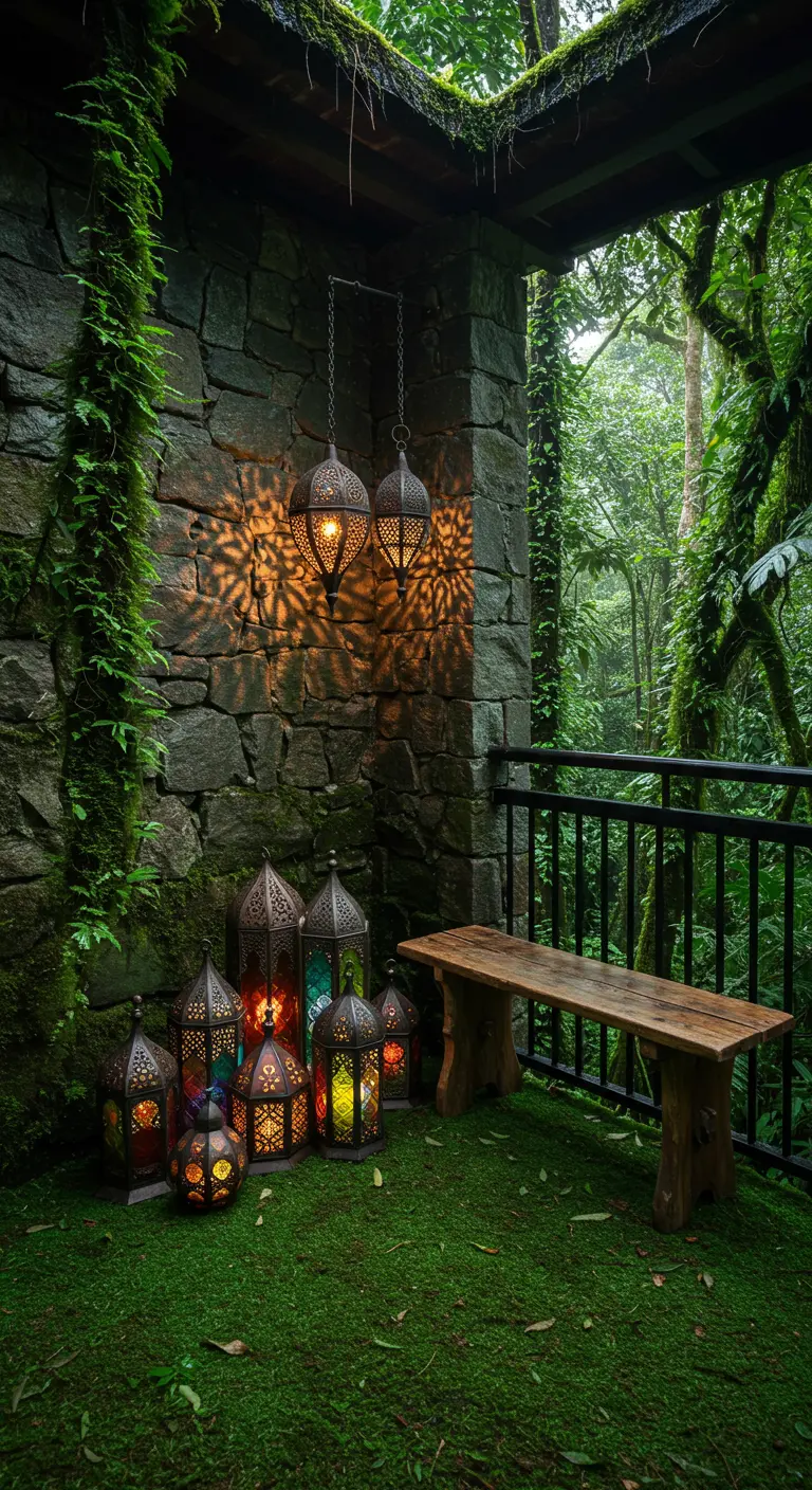 A stone balcony corner with a group of ornate Moroccan lanterns casting patterns.