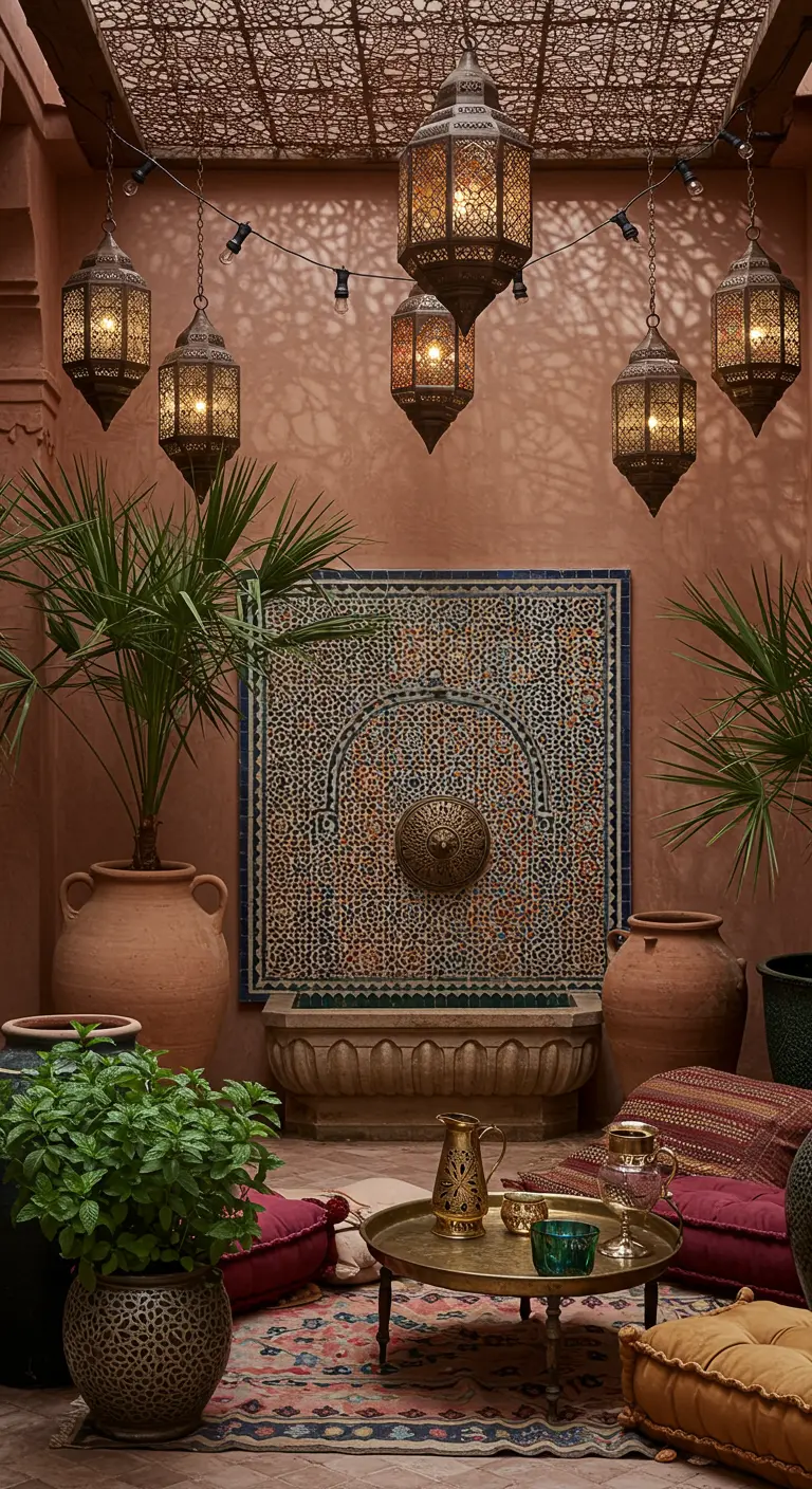 A Moroccan-style patio with a mosaic tile fountain, hanging metal lanterns, and floor cushions.