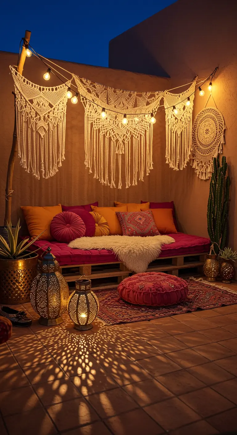 A cozy pallet sofa with colorful pillows and macrame, lit by Moroccan lanterns.