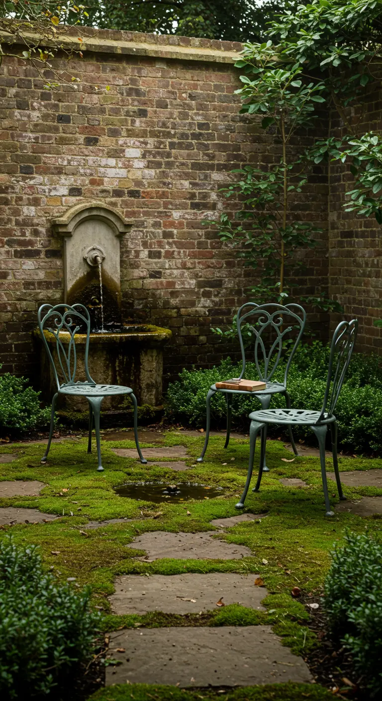 A small wall fountain in a brick-walled garden with mossy stone pavers.