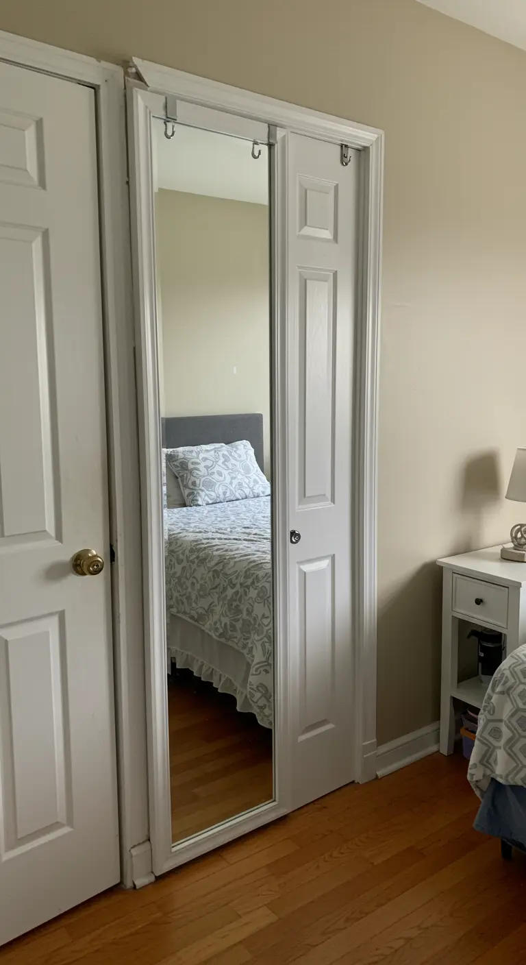 A full-length mirror mounted on the back of a white bedroom closet door.