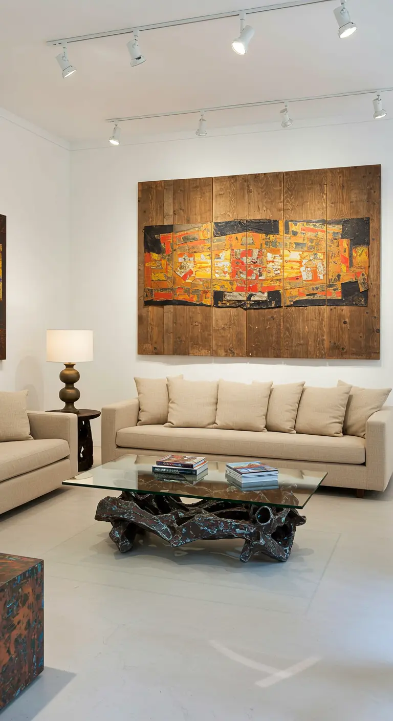 Colorful abstract art mounted on a reclaimed wood wall, above a sofa and sculptural coffee table.