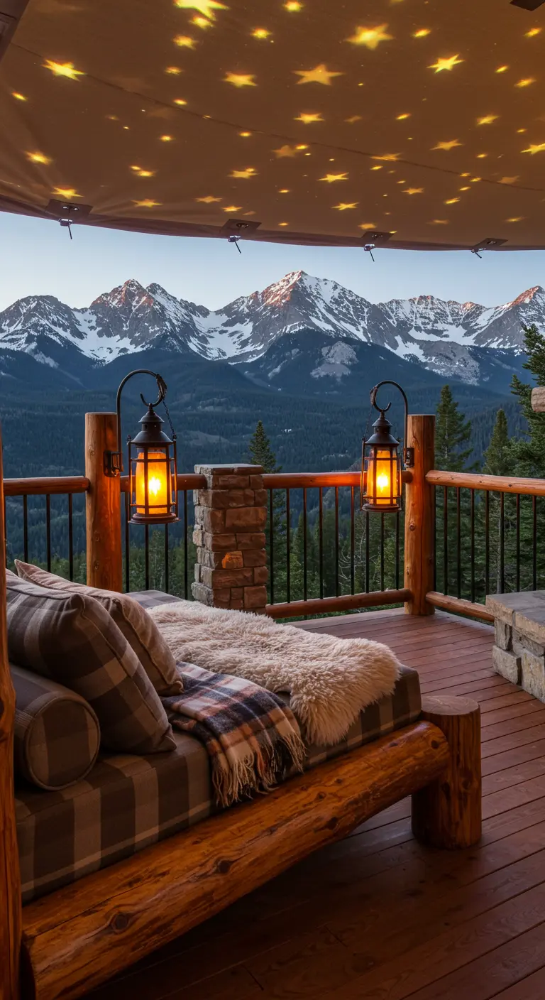 A log daybed on a mountain-view deck with star-shaped lights on the ceiling.
