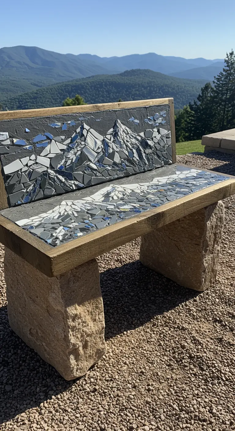 A rustic wooden and stone bench with a mosaic depicting a snow-capped mountain range.