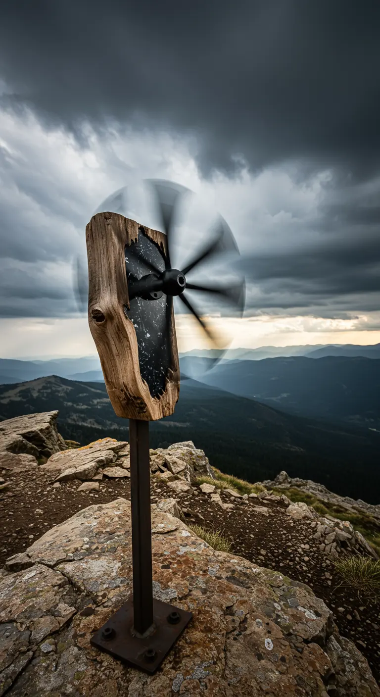 A driftwood and black resin wind turbine spinning against a dramatic, cloudy mountain sky.
