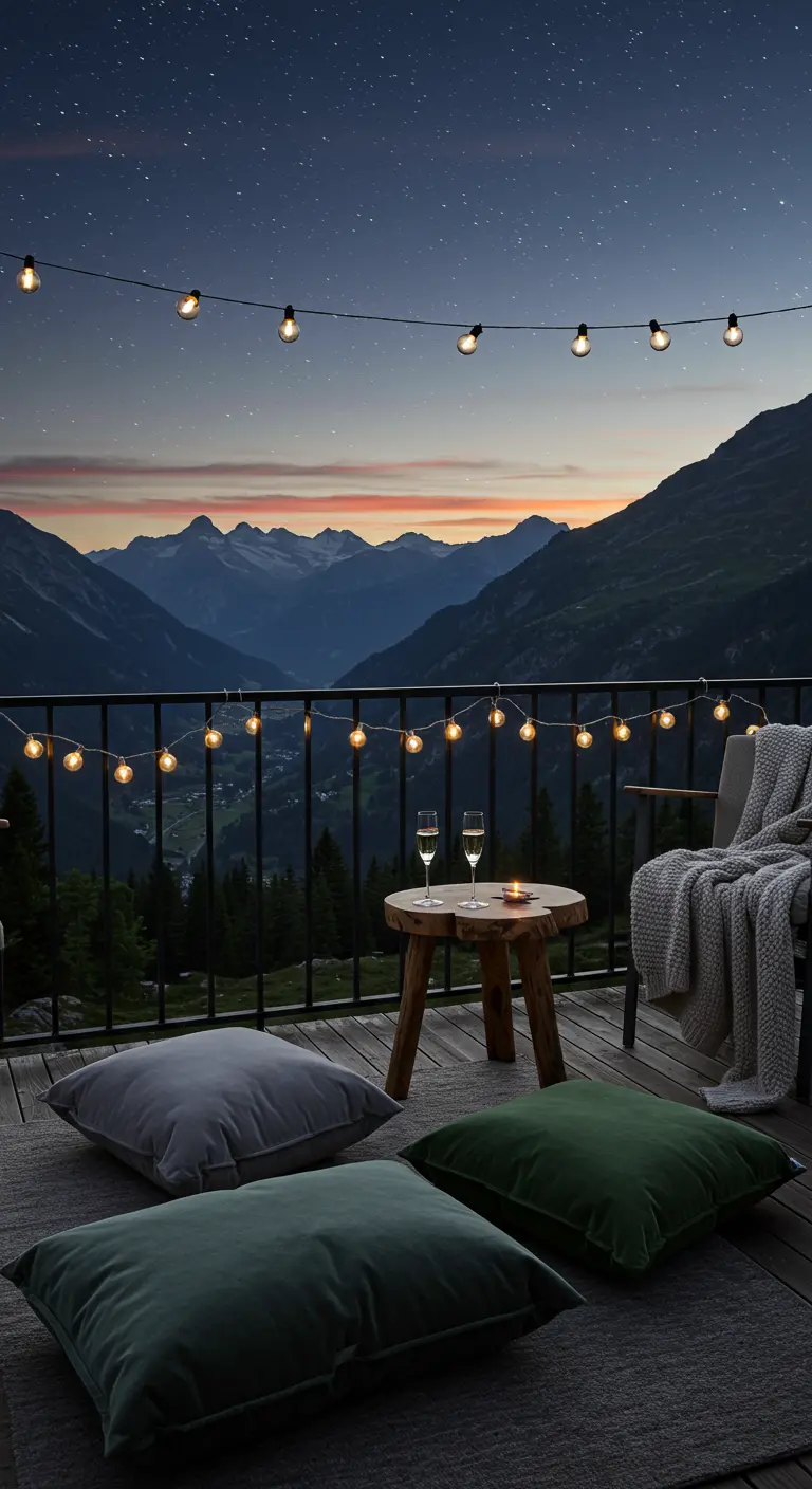 Balcony with mountain view, string lights, a wood stump table, and soft floor cushions.
