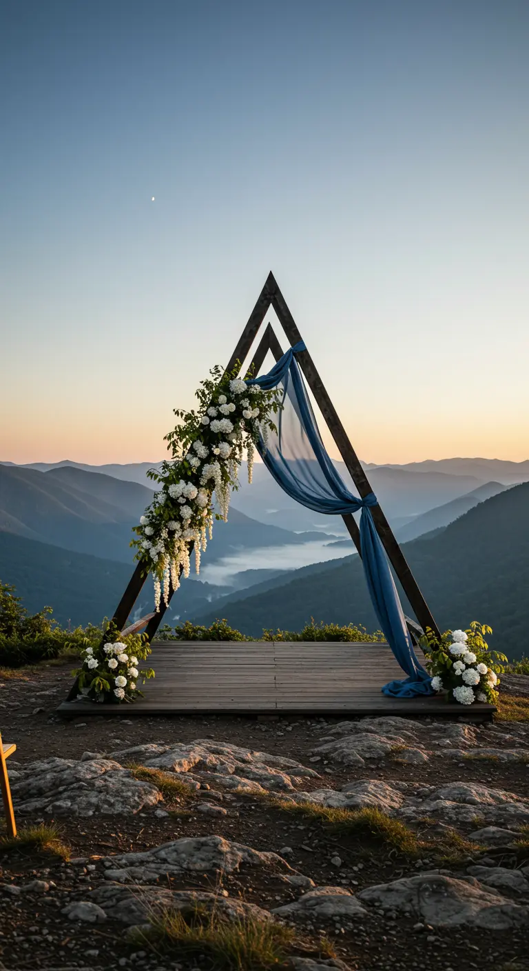 A-frame wedding arch with white wisteria on a mountaintop at sunset.