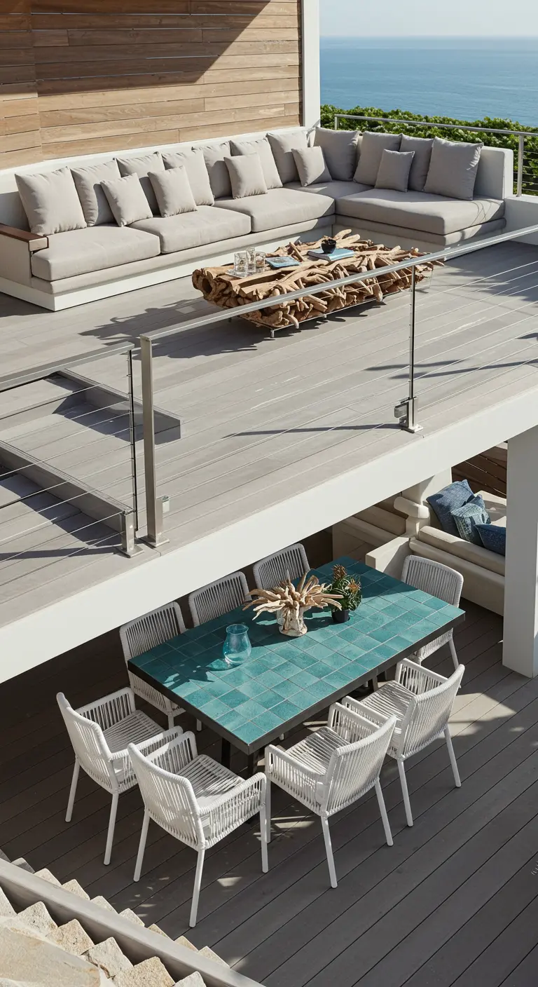 A multi-level deck with a turquoise-topped dining table below and a neutral lounge area above.
