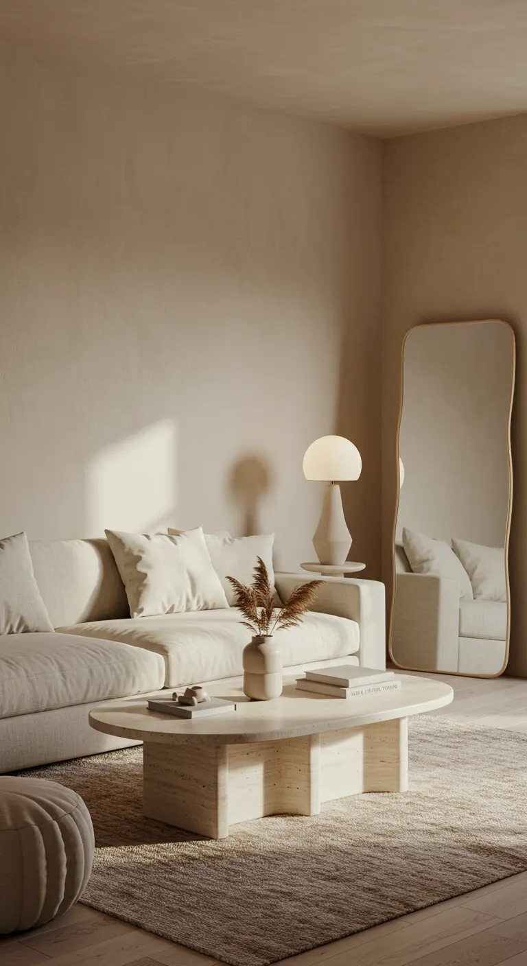A large floor mirror with a wavy, organic frame leans against a neutral wall.