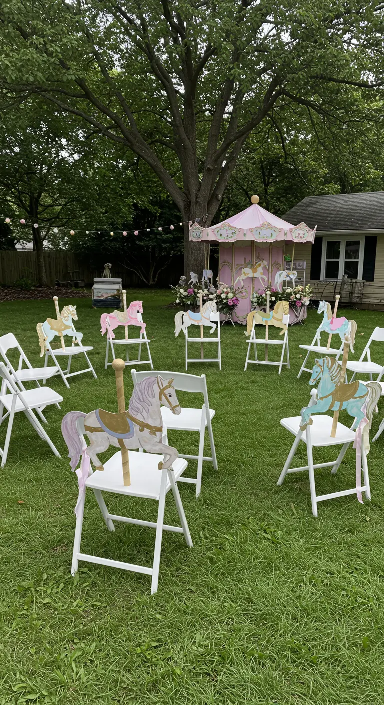 White folding chairs arranged in a circle, each decorated with a painted carousel horse cutout.