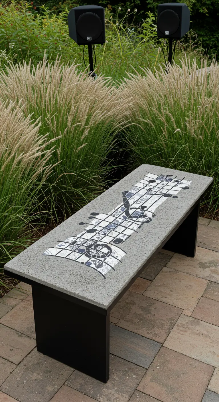 A modern bench with a mosaic of a musical staff and notes made from blue and white porcelain.