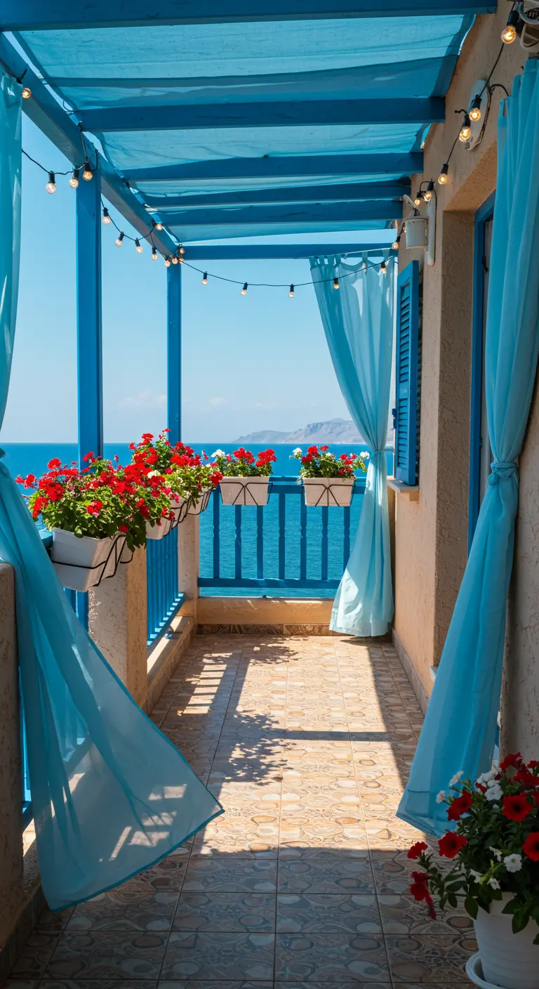A bright blue and white Greek-style balcony with red flowers and sheer blue curtains.