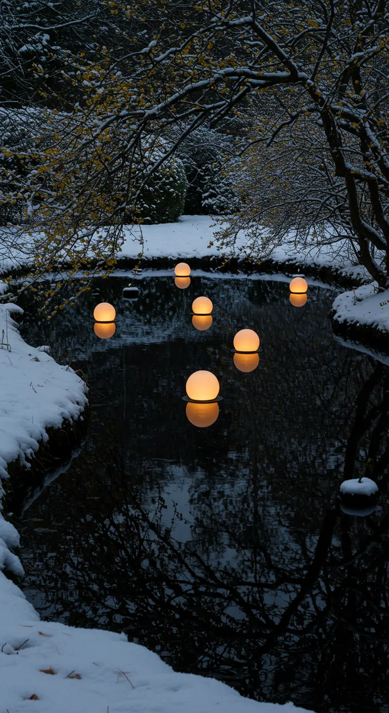 Several glowing orbs floating on the dark water of a pond in a snowy landscape.