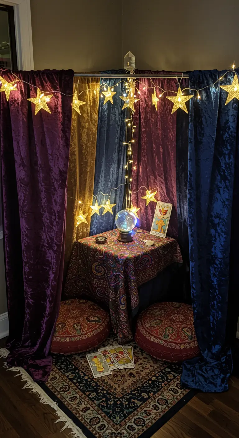 A cozy fortune teller booth made with velvet curtains, a crystal ball, and star lights.