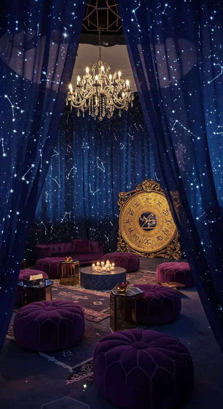 Lavish astrology-themed room with constellation curtains and purple velvet poufs.