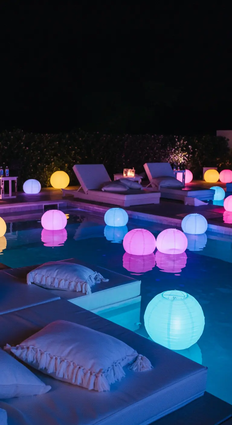 A pool at night filled with colorful, glowing floating orb lights and lanterns.
