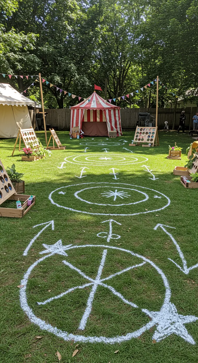 Carnival games set up on a lawn with white painted symbols and pathways on the grass.