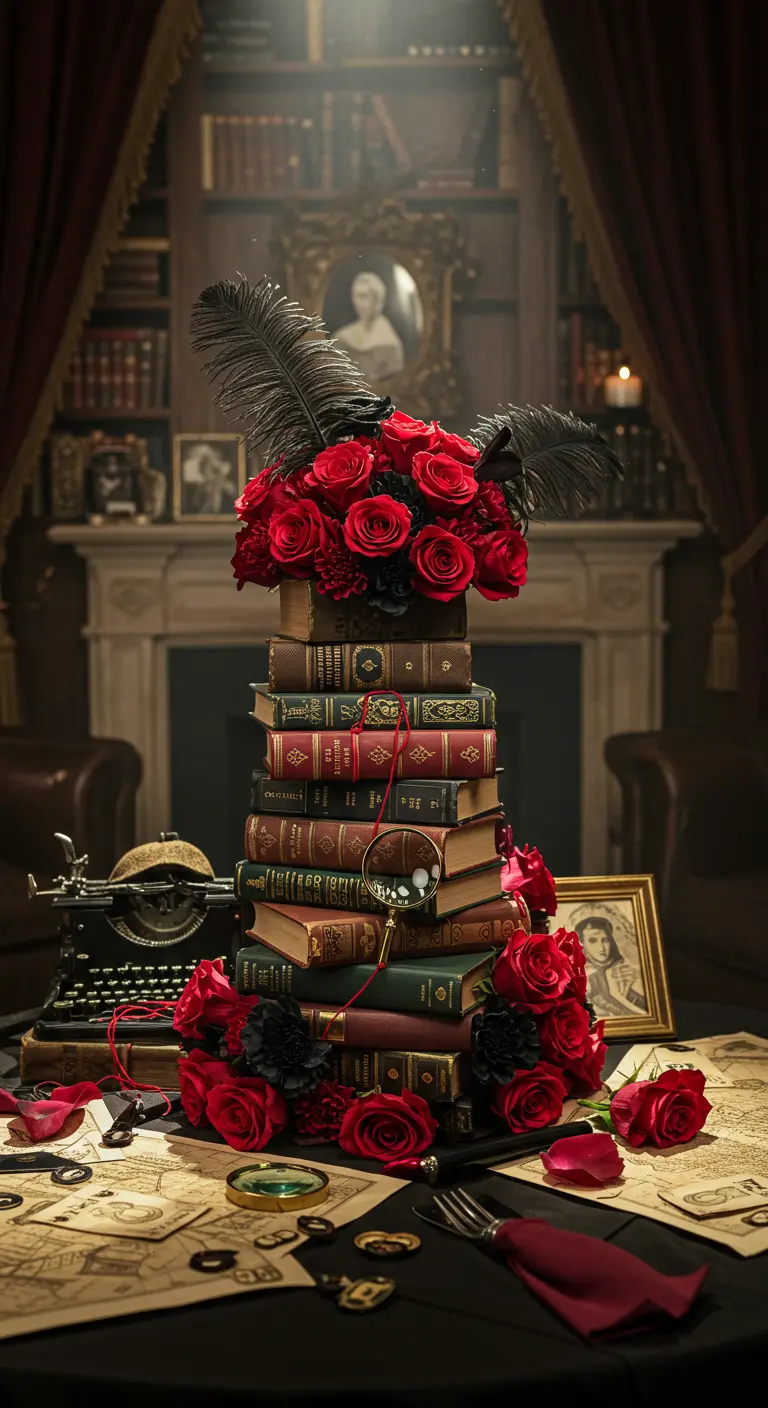 Dark gothic study with a tall book stack, red roses, feathers, and vintage items.