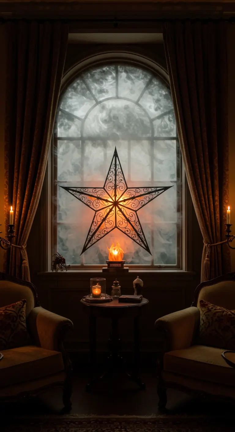 A large, ornate black star light fixture in a window with a smoky, mysterious background.
