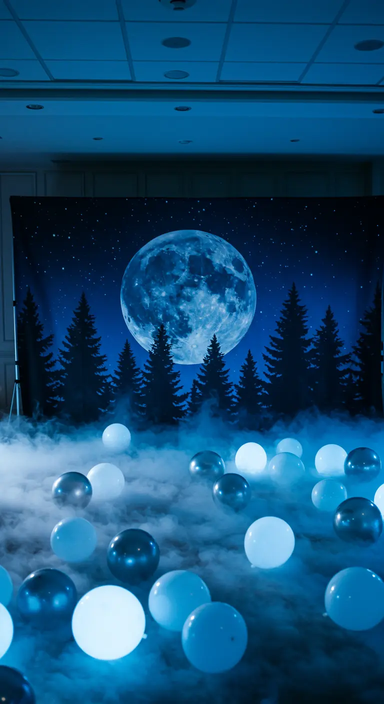 A full moon backdrop over a forest scene with low-lying fog and glowing balloons.