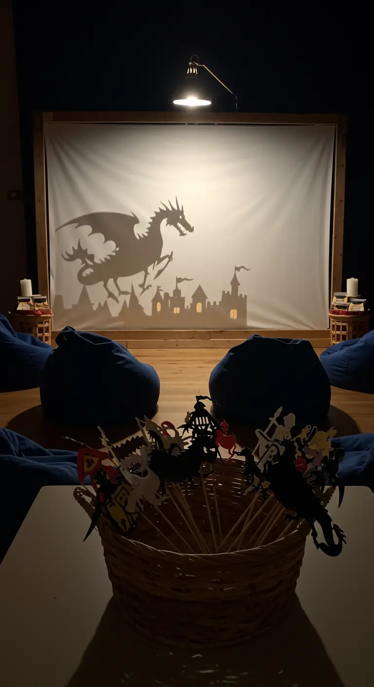 A shadow puppet theater showing a dragon and castle silhouette on a white screen.