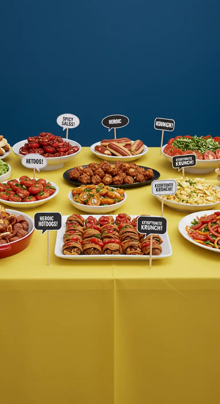 A buffet of snacks with funny comic-book-style food labels.