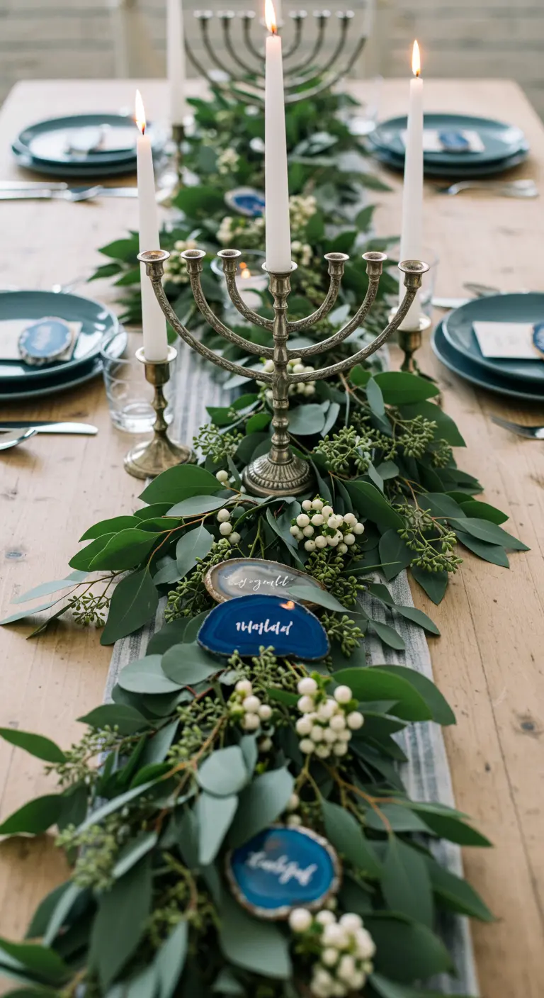 A Hanukkah table decorated with a eucalyptus garland and agate slices as place cards.