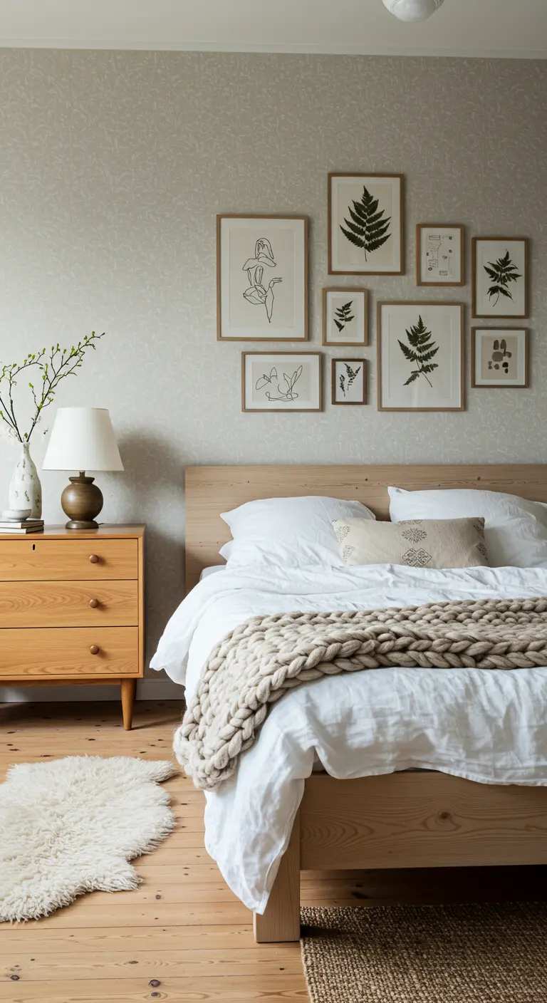 Scandinavian bedroom with a wooden bed, neutral linens, and a gallery wall of botanical and abstract prints.