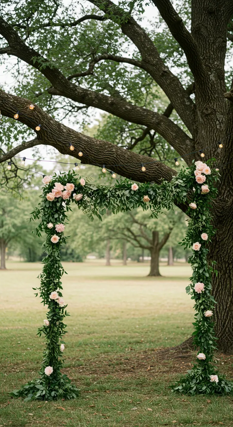 A simple wedding arch of greenery and pink roses under a large tree with globe lights.