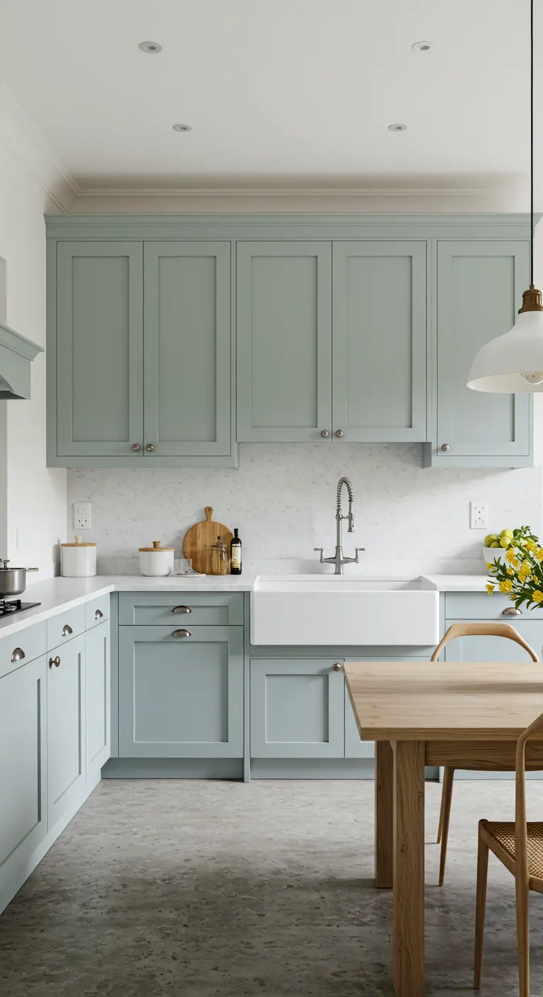 A Country French kitchen with light green cabinets, white countertops, and a natural wood dining table.