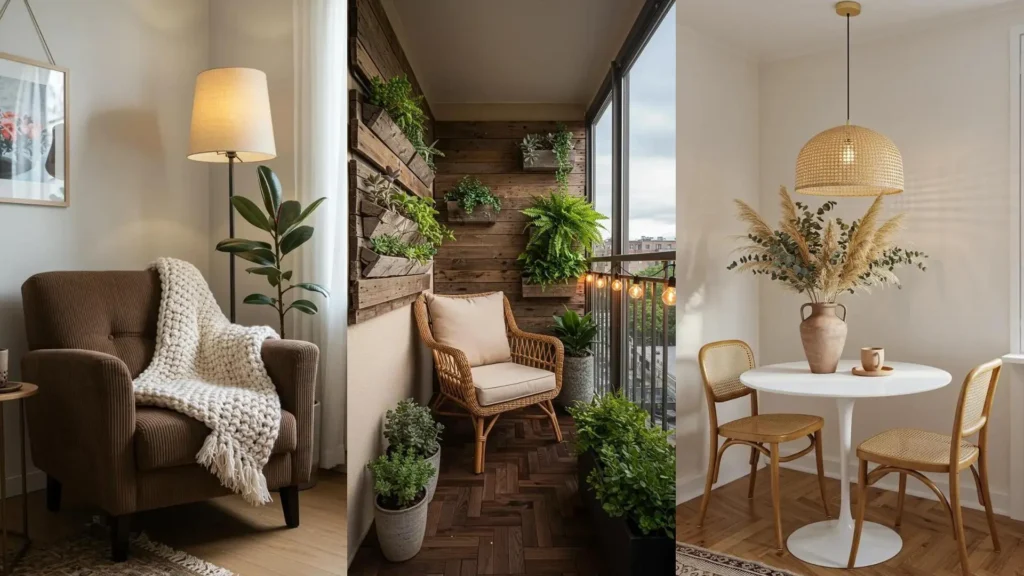 Nature-inspired small spaces featuring indoor plants, natural textures, and earthy colors.
