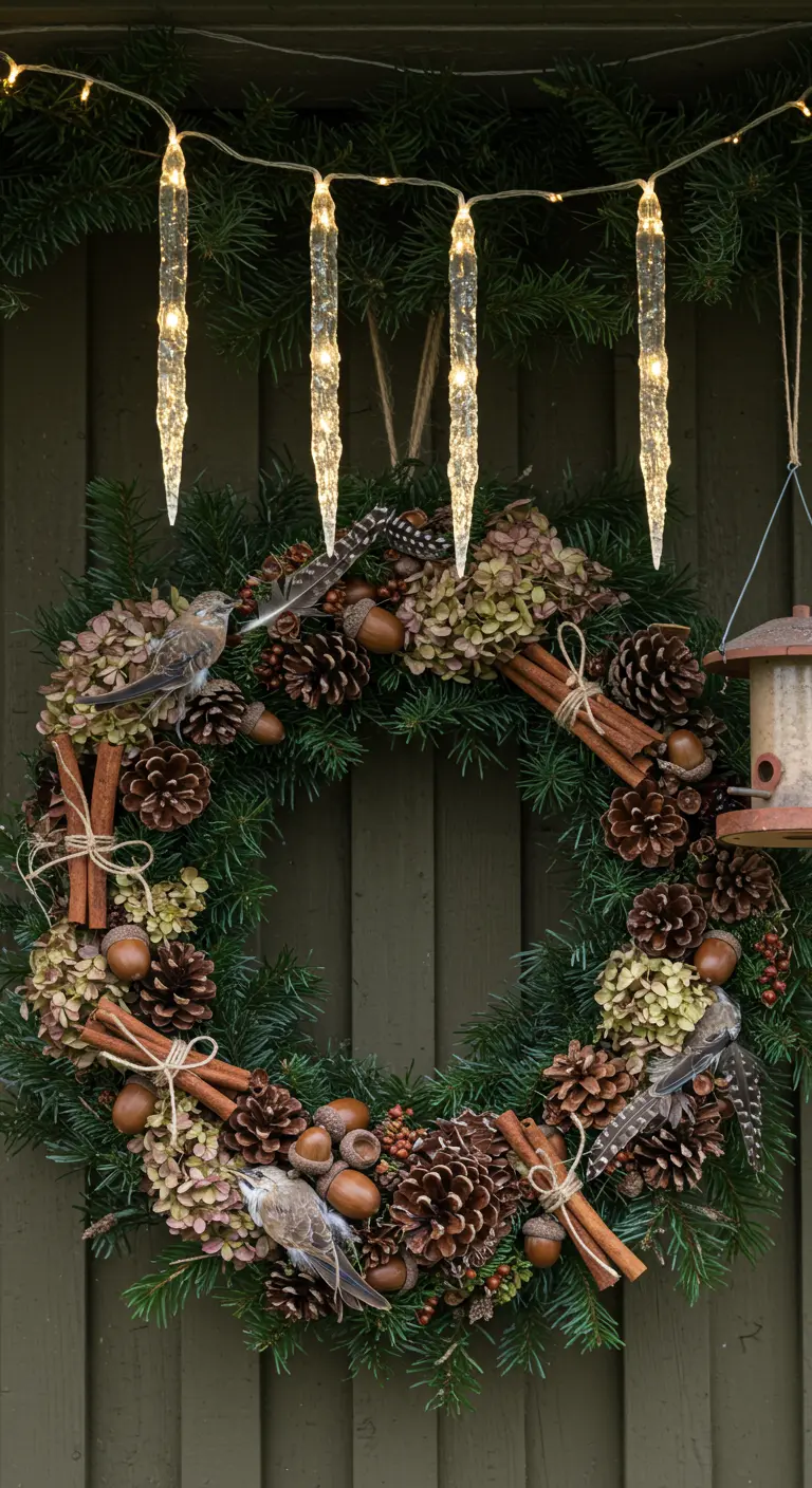 Close-up of a natural winter wreath with pinecones, acorns, dried hydrangeas, and small bird figures.