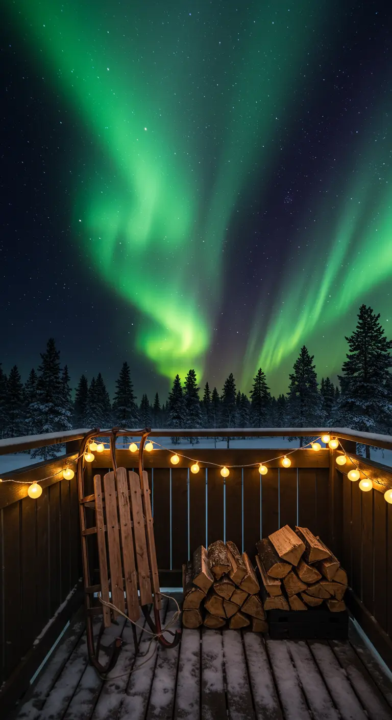 A wooden balcony with a sled and string lights, under the vibrant green Northern Lights.