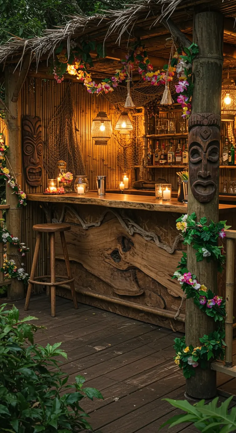 A rustic tiki bar with a live-edge wood countertop and bamboo walls, decorated with flowers.