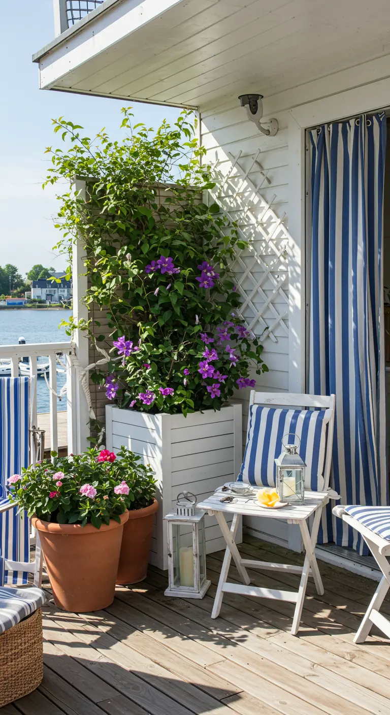 Coastal-inspired balcony with white slatted walls, blue and white stripes, terracotta pots, and purple clematis.