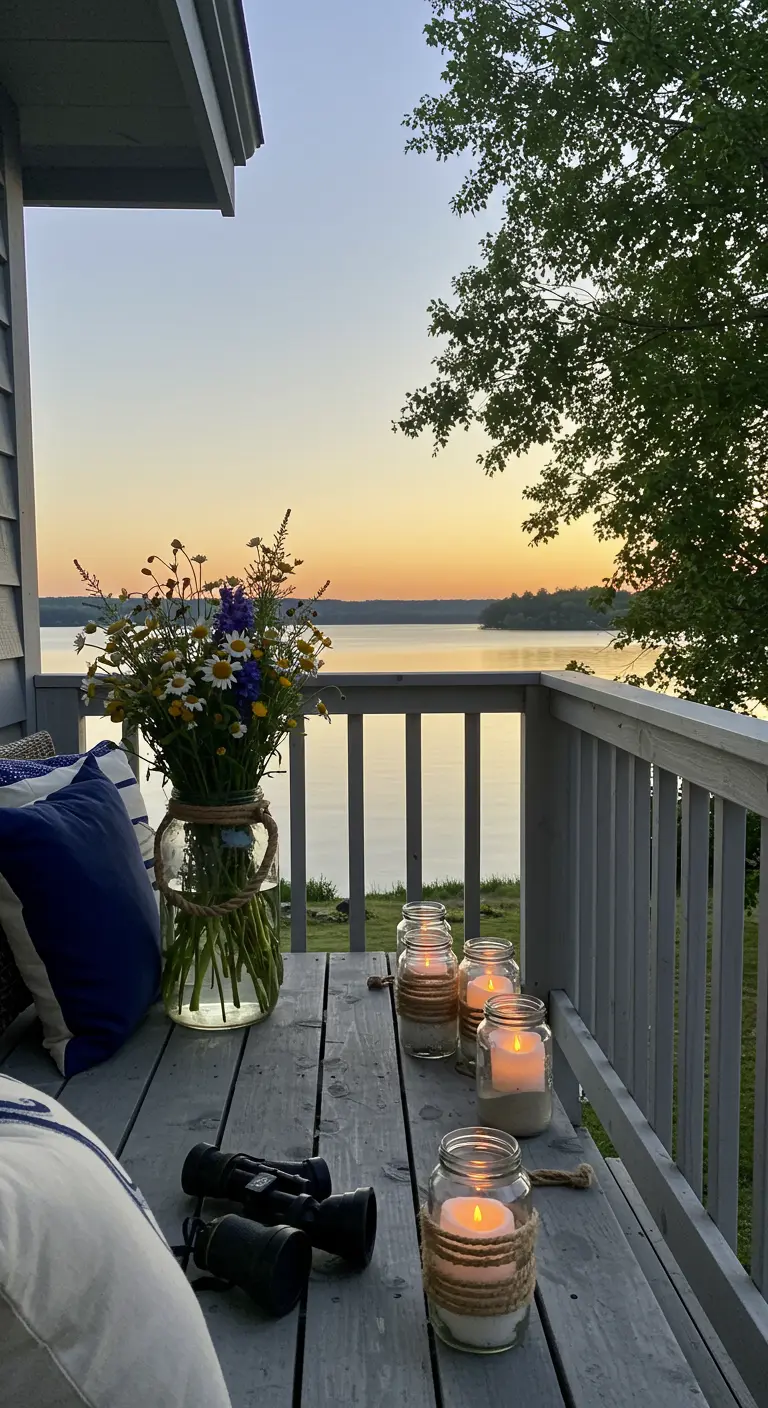 A gray wooden deck overlooking a lake at sunset, with rope-wrapped vases and candle holders.