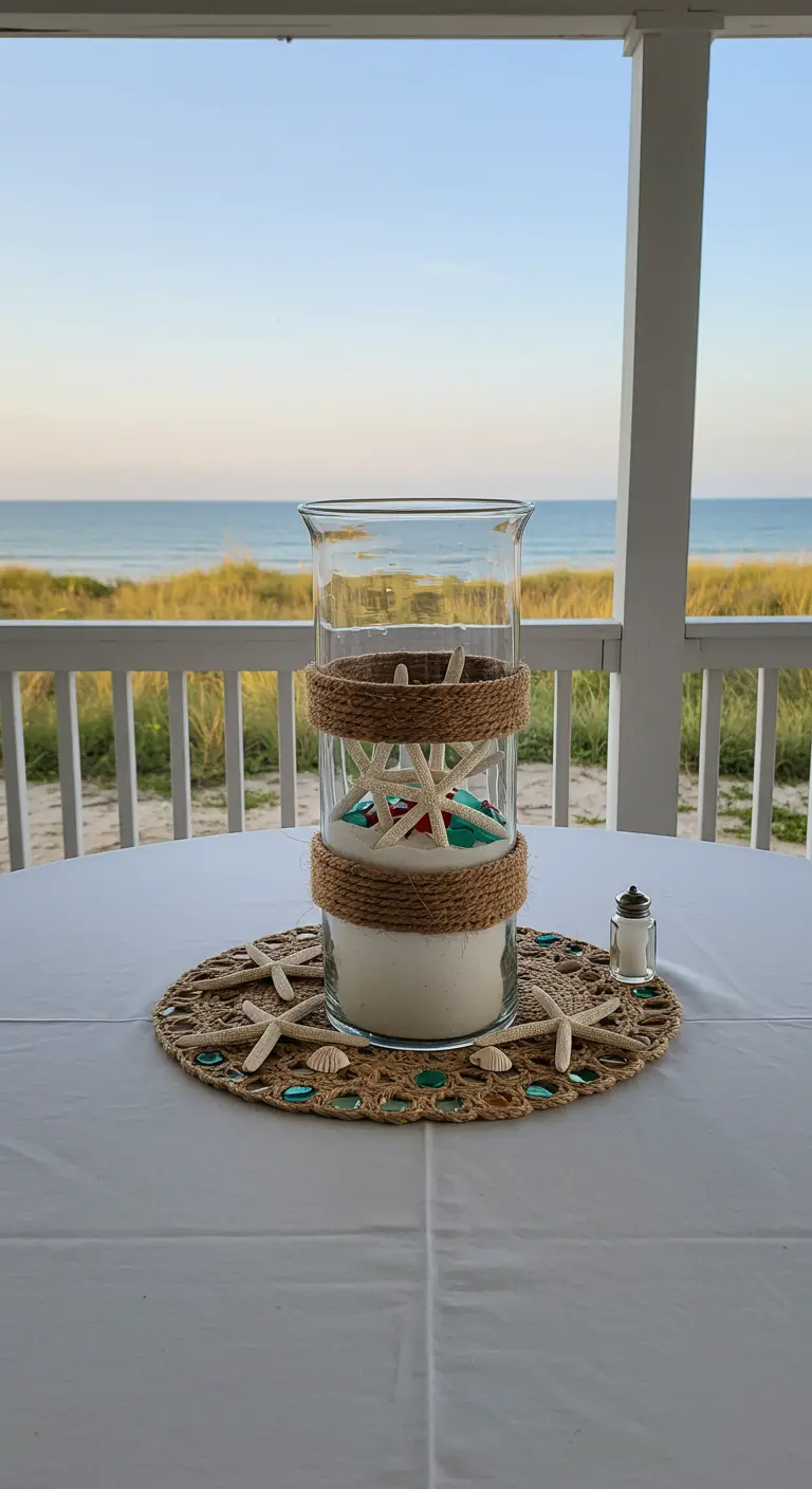 A glass vase centerpiece on a table, decorated with rope, sand, sea glass, and starfish.