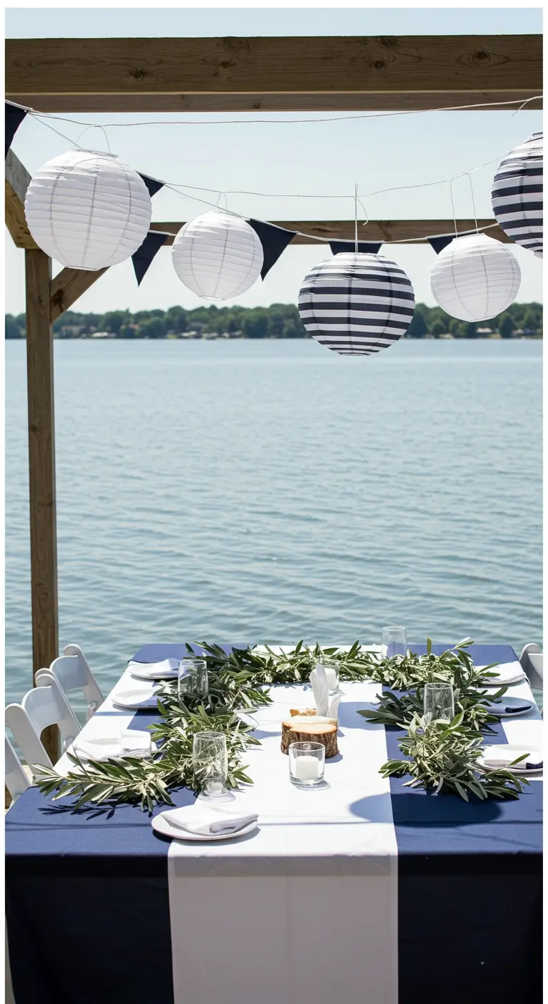 A table on a dock with a navy tablecloth, olive branch garland, and striped lanterns.