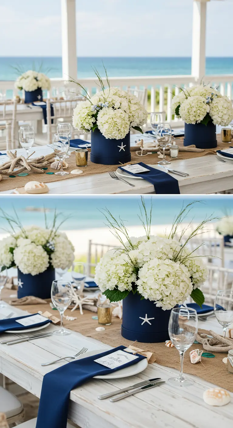 Navy hatboxes with white hydrangeas and starfish on a beach-themed wedding table.