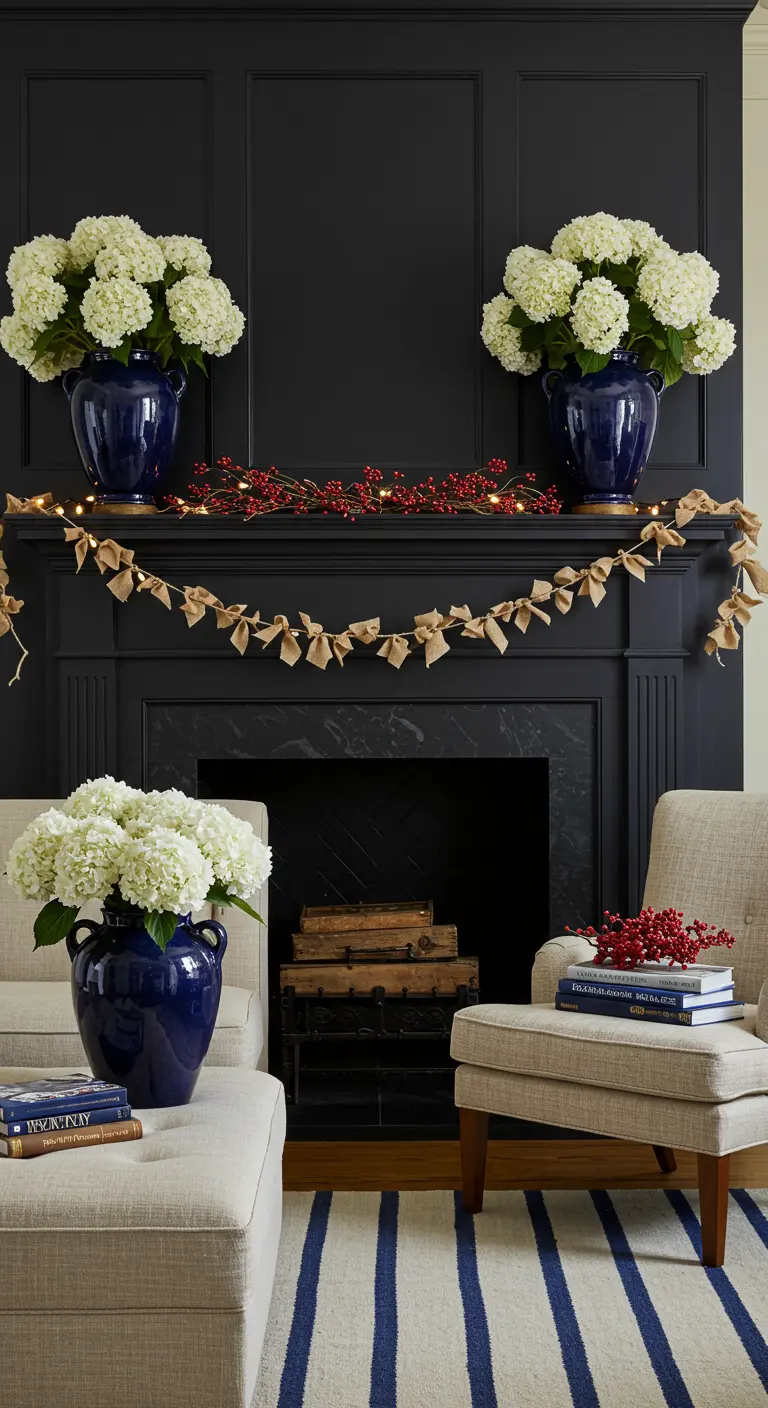 Nautical mantel with blue vases of hydrangeas, a red berry garland, and burlap bows.