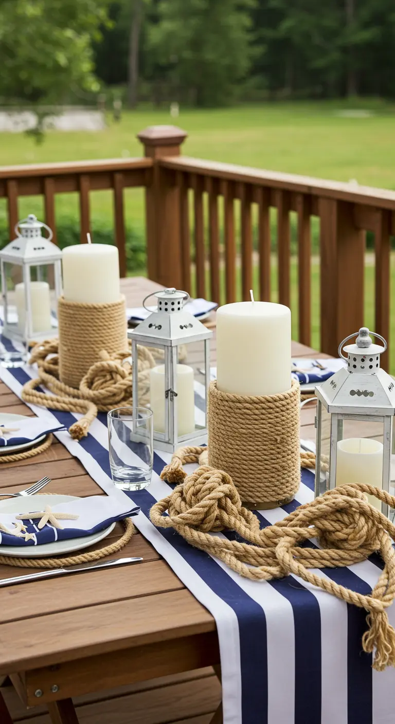 Thick white pillar candles wrapped in natural jute rope on a navy and white striped table runner.