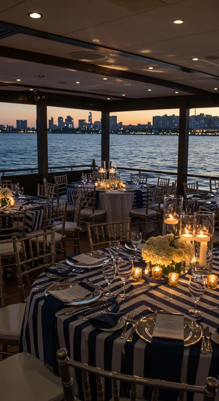 A wedding reception on a boat with navy and white striped tablecloths and hurricane candle centerpieces.